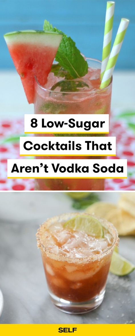 Don't drink up your calories in sugary alcoholic drinks. Try these low-sugar cocktails to get out of your vodka soda rut but still enjoy a fun mixed drink! This watermelon mojito only has 10 grams of sugar, but still packs a flavorful punch. Low Sugar Mixed Drinks, Warm Cocktails Alcohol, Low Calorie Mixed Drinks, Sugar Free Alcoholic Drinks, Low Sugar Alcoholic Drinks, Low Sugar Alcohol, Healthy Mixed Drinks, Low Calorie Alcoholic Drinks, Healthy Alcohol