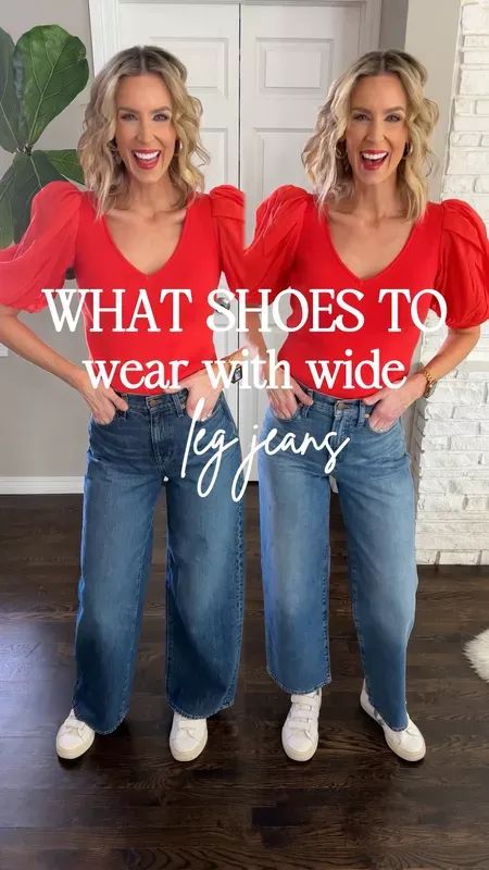 Wondering what shoes to wear with wide leg jeans? I’ve got you covered with this post! Sharing a great full length wide leg jean and a cropped wide leg jean plus shoes and outfits for each!!     #LTKfindsunder100 #LTKstyletip Trouser Jeans Outfit Work, Full Length Wide Leg Jeans Outfit, Wide Leg Jeans Outfit With Sneakers, Fringe Jeans Outfit, Wide Leg Ankle Jeans Outfit, What Shoes To Wear With Wide Leg Jeans, Straight Leg Jeans Shoes, What Shoes To Wear With Wide Leg Pants, Shoes With Wide Leg Jeans