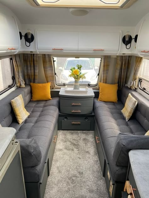 2 Berth Caravan Interior Makeover, Tourer Caravan Renovation, Interior Caravan Ideas, Dark Caravan Interior, Elddis Caravan Makeover, Caravan Hacks Ideas, 2 Berth Caravan Interior, Grey Caravan Interior, Small Caravan Renovation Ideas