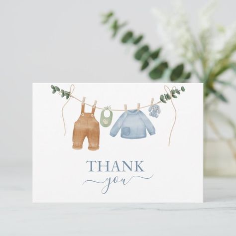 Express your heartfelt thanks with our Boho Neutral Boy Baby Shower Thank You Card! This elegant card features muted neutral tones, including dusk blue and beige, creating a calming and inviting palette. The design showcases an adorable clothesline adorned with baby boy clothes, adding a sweet and charming element to the card. Personalize the card with your own message to thank your guests for their love and generosity. Clothesline Baby Shower Decor, Baby Shower Clothesline, Diy Watercolor Cards, Heartfelt Thanks, Dusk Blue, Watercolor Baby Shower, Elegant Baby Shower, Baby Shower Thank You Cards, Elegant Cards