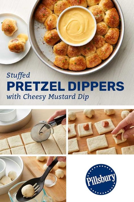 Cheesy Pretzel Bites, Stuffed Pretzel Dippers, Crowd Pleasing Recipes Parties Food, Stuffed Pretzels, Nice Buns, Parties Food, Mustard Dip, Shelter Ideas, Simple Baking