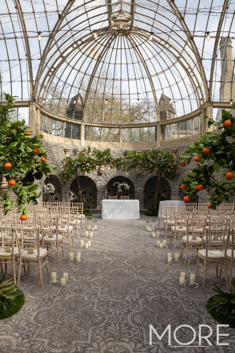 Tortworth Court Wedding with orange trees, glass vases & candles in various sizes Orangery Wedding Uk, Tortworth Court Wedding, Wedding Orangery, Orange Summer Wedding, British Estate, Tortworth Court, West Virginia Waterfalls, Orangery Wedding, Virginia Waterfalls