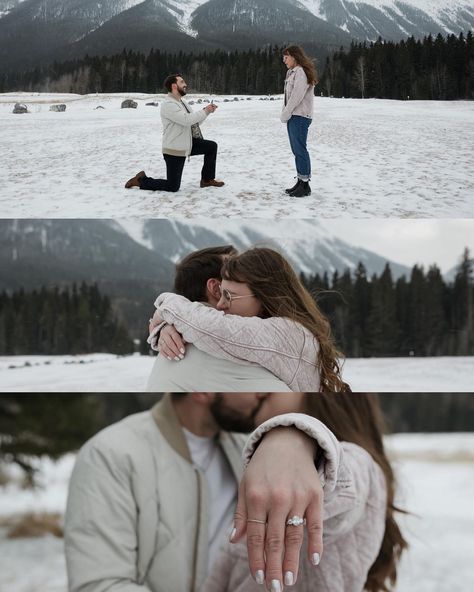 — Capturing proposals in the mountains is my new favorite thing and it was an incredible honour to be present in this moment for T & K. The recent snow fall in southern Alberta was a surprise and I was worried the peaks would be hidden but of course the mountains made sure to show themselves right when it was time. T contacted me to capture his surprise proposal outside in nature and Quarry Lake Park was the perfect backdrop. They came to Canmore for a weekend getaway and T surprised his pa... Winter Proposal Aesthetic, Proposal In The Snow, Proposal Ideas Mountains, Winter Proposal Ideas Engagement, Winter Proposal Pictures, Winter Proposal Photos, Snow Proposal, Winter Proposal Ideas, Lake Tahoe Snow