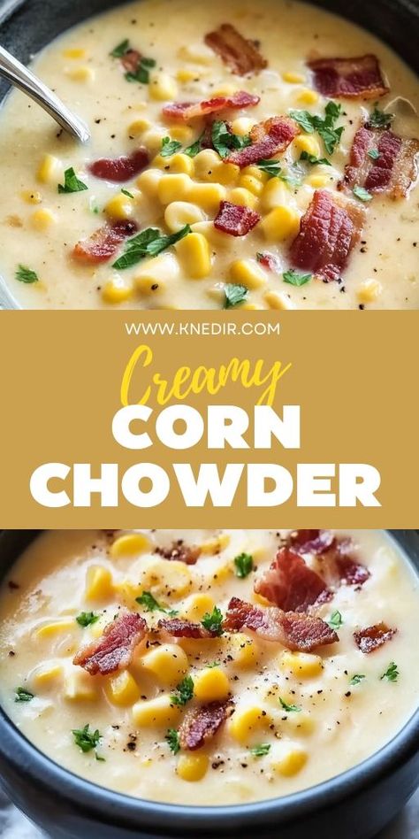 This Creamy Corn Chowder with Crispy Bacon is a hearty and comforting dish, perfect for chilly days! 🌽🥓 With sweet corn, tender potatoes, and a rich, creamy broth, this chowder is made even better with crispy bacon on top. It’s an easy-to-make soup that’s sure to warm you up. 📌 Pin this recipe to enjoy a cozy and satisfying creamy corn chowder with crispy bacon! #CornChowder #ComfortFood #EasySoupRecipes #HeartyMeals #CreamySoups #BaconLovers Corn Chowder Recipe Crockpot, Creamy Corn Chowder Recipe, Chowder Recipes Crockpot, Corn Chowder Crockpot, Corn Chowder With Bacon, Creamy Corn Chowder, Corn Chowder Soup, Bacon Chowder, Corn Soup Recipes