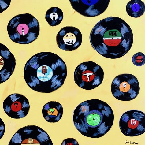 Brian Nash Pop Art Painting: Vinyl On Acrylic On Canvas 2018 Music Art Painting Creative, Painting Of Records On Canvas, Music Paintings On Canvas, Music Album Paintings, Retro Aesthetic Painting Ideas, Retro Painting Ideas, Music Painting Ideas, Music Canvas Painting, Collage Painting Canvas