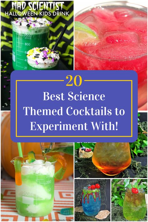 Collage of 4 science themed cocktails. Greys Anatomy Themed Cocktails, Science Experiment Cocktails, Science Drinks Alcohol, Medicine Themed Cocktails, Mad Scientist Cocktails, Biology Cocktails, Dental Themed Cocktails, Psychology Themed Cocktail, Science Themed Cocktails