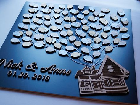 Movie Wedding Theme, Up Movie House, Disney Guest Book, Up House With Balloons, Unique Wedding Guest Book, Movie Wedding, Wood Fairy, Book 3d, Inexpensive Wedding Invitations