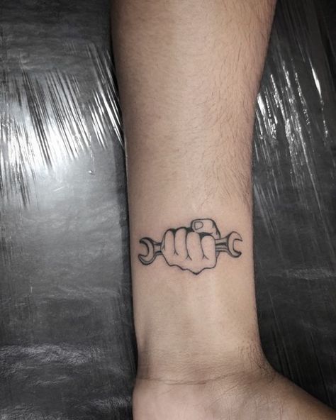 Small Mechanic Tattoo Ideas, 221b Tattoo, Car Mechanic Tattoo, Tool Tattoo Mechanic, Easy Tattoos For Women, Wrench Tattoo, Piston Tattoo, Detailed Tattoos, Elk Tattoo