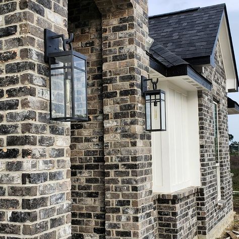 Black And Tan Brick House Exterior, Charcoal Antique Brick Exterior, Grey Brick Black Trim, Black Wash Brick House, Grey House White Brick, Brick House Ideas Exterior, Gray Brick House Exterior Black Trim, White Board And Batten Exterior With Brick, Grey Brick House Exterior Color Palettes