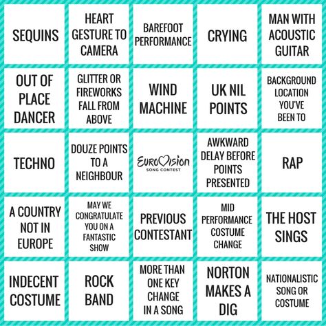 Eurovision Bingo by Piglet and Fizz. Eurovision Bingo 2024, Eurovision Decorations, Eurovision Nails, Eurovision Bingo, Bingo Ideas, Eurovision Party, Eurovision 2024, Eurovision 2023, All Lyrics