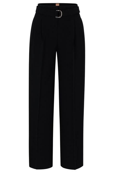 Japanese Crepe, Japanese Crepes, Hugo Boss Women, Business Attire Women, Black Wide Leg Trousers, Ring Belt, Formal Trousers, Fashion Vocabulary, Black Wide Leg Pants