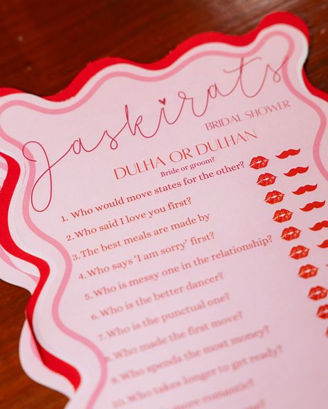 LOVED creating this wavy cut program pack for a bridal shower! The theme was shades of love so the main pages were backed with different shades of red! ❤️ The program pack included a variety of games catering towards the bride’s personality and style! 💗 #eventstationery #wedding #bridalshower #eventgames Event Games, I Loved You First, Different Shades Of Red, Making The First Move, The Program, Say I Love You, Shades Of Red, The Bride, Of Love