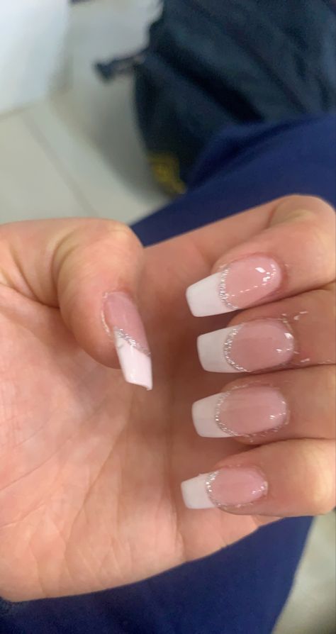 French Tip White And Silver, French Tip Nails White Sparkle, Hoco Nail Ideas French Tips, Nail Homecoming Ideas, French Tip Nails White With Glitter, White Hoco Nails Square, Short French Nails Sparkle, White Tips With Sparkle, Homecoming Nails Sparkle