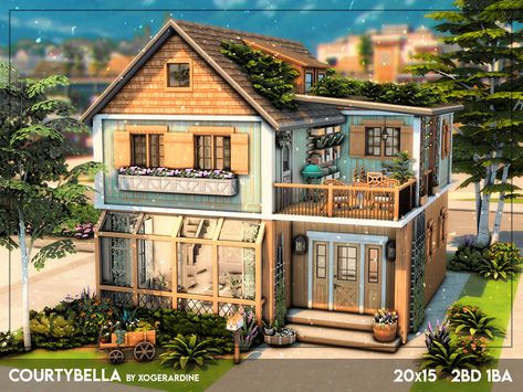 The Sims Resource - Courtybella (NO CC) Cute Sims House Ideas, Ecolifestyle Sims 4 House, The Sims 4 Gallery Houses, Sims 4 Cottage Floorplan, Sims 4 Houses Gallery No Cc, House With Sunroom Floor Plans, Sims House Floor Plans, No Cc Sims 4 House, Sims 4 Blueprints