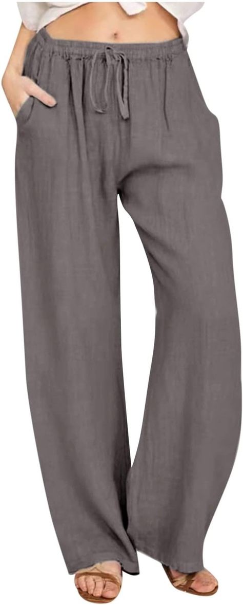 ABOUTYES Women's Pants Clearance, Linen Pants Women Summer 2024 Casual Drawstring Elastic Waist Cotton Long Wide Leg Pant Lounge Trousers with Pockets at Amazon Women’s Clothing store Casual Linen Pants, Casual Wear Women, Linen Casual, Straight Leg Trousers, Casual Trousers, Plus Size Jeans, Look Casual, Outfit Casual, Casual Elegance