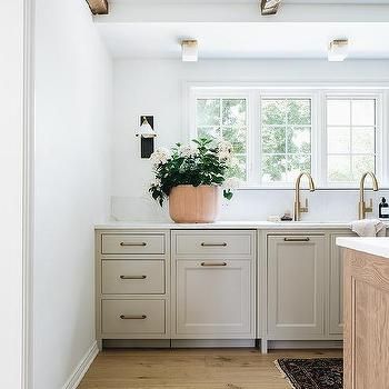 Nickel Vanity Mirrors with Aged Brass Faucets - Transitional - Bathroom Taupe Kitchen Cabinets, Taupe Bathroom, Stoffer Home, Greige Kitchen, Taupe Kitchen, Beige Cabinets, Cabinet Wood, Oak Kitchen, Grey Kitchen Cabinets