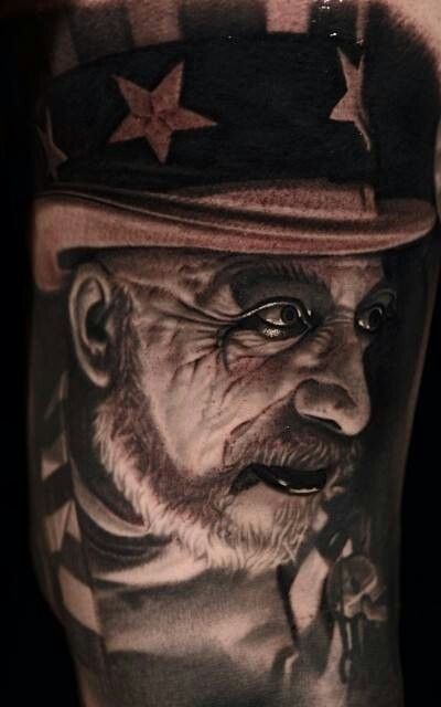 Captain Spaulding Tattoo Design, Horror Portrait Tattoo, House Of 1000 Corpses Tattoo, Captain Spaulding Tattoo, Rob Zombie Art, Clown Horror Movie, Devils Rejects, Rob Zombie Film, Evil Clown Tattoos