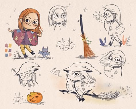 Witchy and B character design 🎃 The first step before starting to illustrate the picture book- define the character (race, skin color, hairstyle, eye color, clothing, etc.), then continue with story-boarding and sketching. And make sure you can imagine the character in any pose 🪄 #characterdesign #illustrations #childrensbookillustration #picturebookart #picturebookportfolio #kidlitillustrator #illustrationartists #bookartists #pencildoodles #penciltextures #sketchbookdrawing #cuteartstyle ... Children's Book Character Design, Children’s Book Characters, Whimsical Character Design, Children Book Character Illustration, Children Book Illustration Ideas, Children’s Book Illustration, Children's Book Illustration Styles, Child Books Illustration, Child Character Design