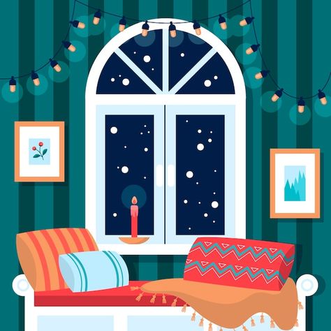 Free vector flat winter window illustrat... | Free Vector #Freepik #freevector Window Illustration, Winter Window, Winter Illustration, Arched Windows, Digital Art Design, New Year Card, Pattern Illustration, Vector Photo, Holiday Card