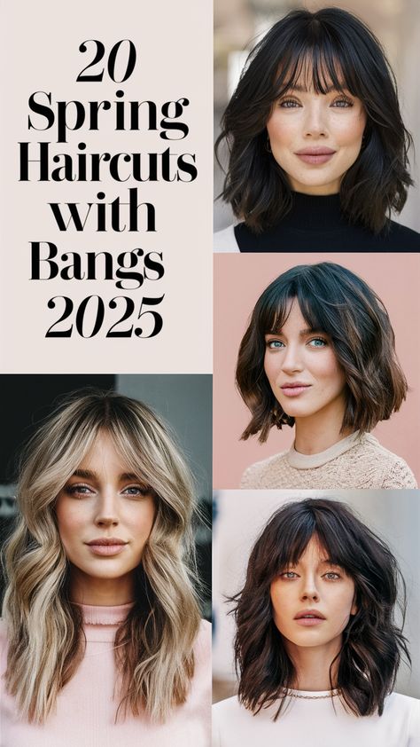 Spring haircuts with bangs 2025 bring fresh styles for every face shape and hair type. Explore haircuts with bangs and layers, perfect for medium length, short, or long hair. Try a lob for straight hair or a bob with wavy layers. Ideal for women over 50, girls, or kids, these trendy cuts suit round faces, curly textures, and short shaggy styles.