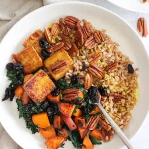 Baked Tofu Bowls with Sweet Potatoes, Kale, and Maple Turmeric Sauce Fall Tempeh Bowl, Tofu Harvest Bowl, Autumn Tofu Recipes, Vegan Harvest Bowl, Tofu And Sweet Potato Recipes, Fall Tofu Recipes, Tofu Sweet Potato Recipes, Wfpb Dinner, Turmeric Sauce