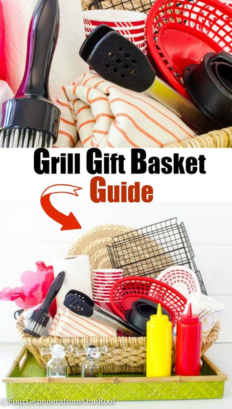 Fun Grill Gift Basket Idea / Perfect birthday or Father's Day gift. How to create the ultimate grill gift basket with Homegoods finds. Grill Gift Basket, Grilling Baskets, Bingo Prizes, Bbq Gift Basket, Homegoods Finds, Basket Raffle, Condiment Containers, Auction Basket, Basket Picnic