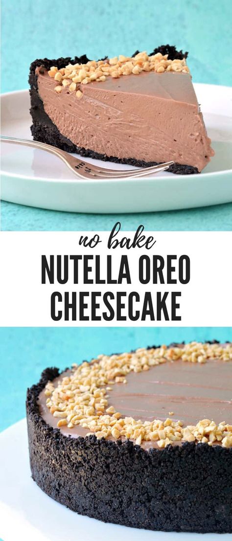 A deliciously rich and creamy Nutella Oreo Cheesecake. This gorgeous no bake cheesecake - made without gelatine - boasts a crunchy Oreo crust and a creamy Nutella cheesecake filling, all topped with roasted hazelnuts. Recipe from sweetestmenu.com #cheesecake #chocolate #oreos #nutella #nobake Roasted Hazelnuts, Easy No Bake Cheesecake, Oreo Cookie Crust, Nutella Cheesecake, Baked Cheesecake Recipe, Oreo Crust, Cheesecake Filling, Bake Cheesecake, Nutella Recipes