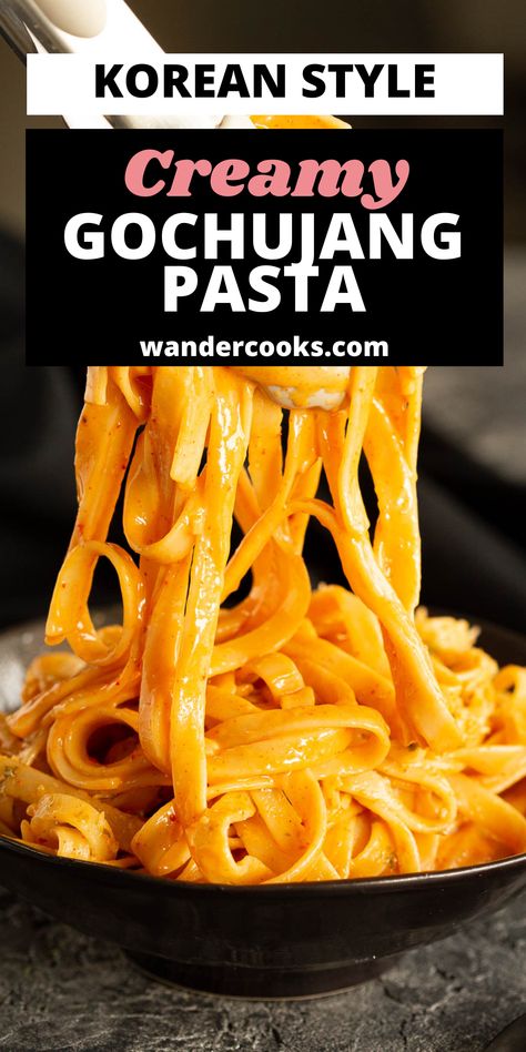 You’ll love this quick and creamy gochujang pasta, ready in only 10 minutes! Spicy and satisfying, use the base recipe for an almost effortless meal, or amp it up with chicken or veggies to make it go even further. Gochujang Chicken Alfredo, Creamy Gochujang Pasta, Gojuchang Pasta, Go Chu Jang Recipes, Gochujang Dishes, Gojuchang Noodles, Recipes Using Gochujang, Gojuchang Sauce, Jjajangmyeon Recipe