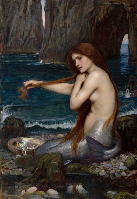 John William Waterhouse presented this painting to the Royal Academy after his election as an Academician. From the 1880s Waterhouse exhibited at the Royal Academy and the New Gallery both complex compositions with many figures as well as single figures often taken from literature or Greek mythology. It is possible that Waterhouse's painting of A Mermaid was inspired by Alfred Lord Tennyson's poem The Mermaid (1830) which includes the linesWho would beA mermaid fair,Singing alone,Combing her hai Raphaelite Paintings, Waterhouse Paintings, John Waterhouse, Pre Raphaelite Paintings, Fantasy Poster, Mermaid Poster, Pre Raphaelite Brotherhood, Pre Raphaelite Art, William Ellis