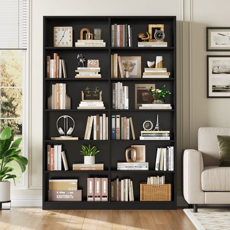 Hokku Designs 74.3"H X 47.2"W Double 6-Tier Standard Bookcase & Reviews | Wayfair Black Bookshelf Styling, Bookshelf Layout, Black Bookshelves, Black Bookshelf, Office Table Design, Book Cases, Condo Decor, Bookshelf Styling, Basement Reno