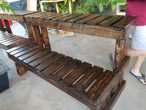 Plant Stands | LumberJocks Woodworking Forum Outdoor Plant Stand Ideas, Outdoor Plant Table, Farmers Market Store, Greenhouse Shelf, Cozy Craft Room, Plant Shelves Outdoor, Diy Plant Stands, Bonsai Stand, Shelf Bench