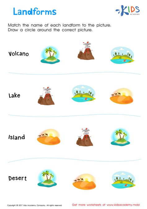 This landforms printable worksheet is the perfect tool to introduce your child to the different types of terrain found across the globe! Landforms Worksheet, Landforms Activities, Printable Worksheets For Kindergarten, Kindergarten Pictures, Preschool Pictures, Counting Practice, Geography Worksheets, Kindergarten Social Studies, Map Worksheets