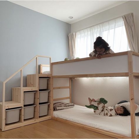 Childrens Bedrooms Ikea, Kura Full Bed Hack, Ikea Kura Shared Room, Ikea Toddler Room Boy, Ikea Kids Bedroom Boys, Kura Bunk Bed, Toddler Clothing Organization, Ikea Kura Stairs, Sibling Room Sharing Brother Sister Small Room