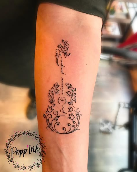 Mandolin Tattoo Designs, Memorial Guitar Tattoo, Musician Memorial Tattoo, Cool Memorial Tattoos, Mother Daughter Music Tattoos, Feminine Guitar Tattoo, Hummingbird Guitar Tattoo, Flower Guitar Tattoo, Guitar And Flowers Tattoo