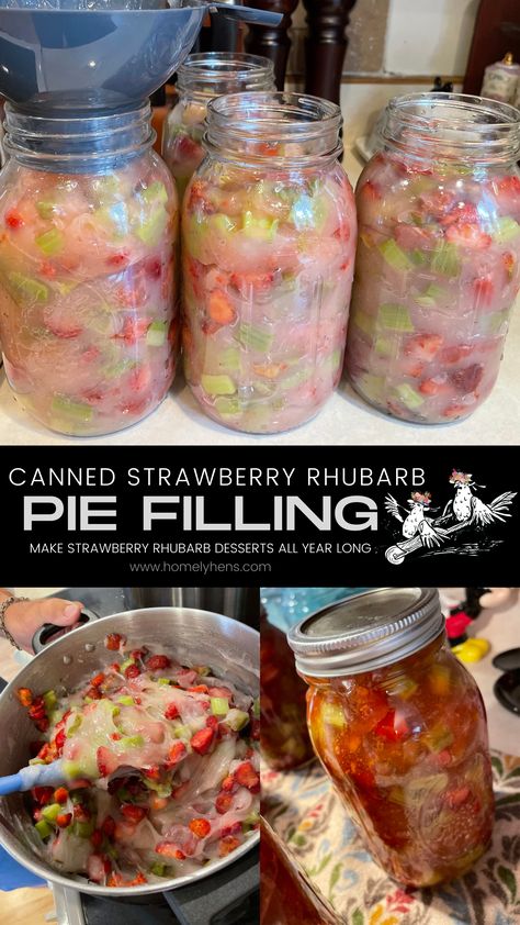 Canned Strawberry Rhubarb Pie Filling - Homely Hens Canned Strawberry Rhubarb Pie Filling, Blueberry Rhubarb Pie, Rhubarb Pie Filling, Canned Pie Filling, Strawberry Rhubarb Pie Filling, Canned Recipes, Rhubarb Crumble Recipes, Blueberry Rhubarb, Canned Strawberries