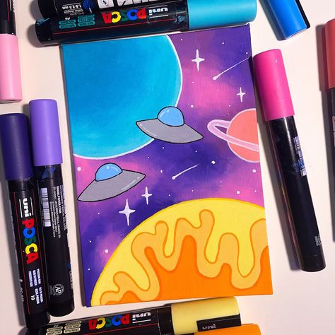 Posca Drawing Ideas, Posca Drawing, Markers Drawing Ideas, Posca Markers, Black Paper Drawing, Posca Marker, Posca Art, Space Painting, Simple Canvas Paintings