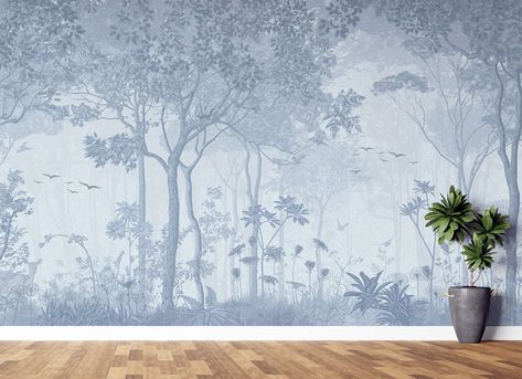 Blue Trees Painting Wall Mural Removable or Regular - Etsy Wild Deer, Scene Wallpaper, Morning Mist, Long Walls, Foggy Forest, Tropical Wallpaper, Ancient Tree, Forest Wallpaper, Wallpaper Murals