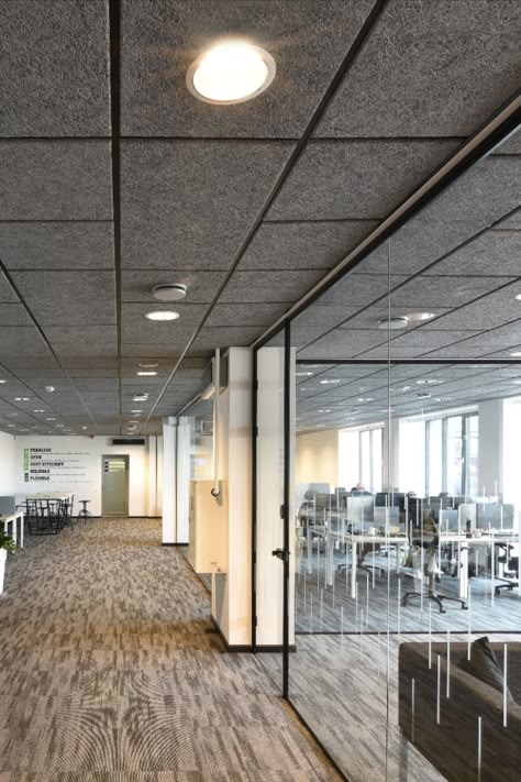 Modern open office building with natural wood wool acoustic ceiling tiles in dark grey color. Acoustic Ceiling Tile Design, Acoustic Ceiling Lighting, Ceiling Acoustic Panels Design, Acoustic Solutions Office, Felt Ceiling Panels, Act Ceiling Design, Acoustical Ceiling Design, Ceiling Ideas Office, Acoustic Panel Ceiling