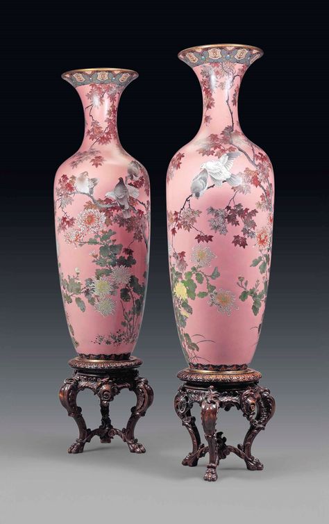 A PAIR OF LARGE JAPANESE CLOISONNE ENAMEL VASES, ON STANDS | MEIJI PERIOD (1868-1912) | late 19th Century, Furniture  Lighting | Christie's Pink Ground, Large Ceramic Vase, Asian Vases, Japanese Vase, Meiji Period, Chinese Vase, Asian Decor, Antique Vase, Porcelain Art