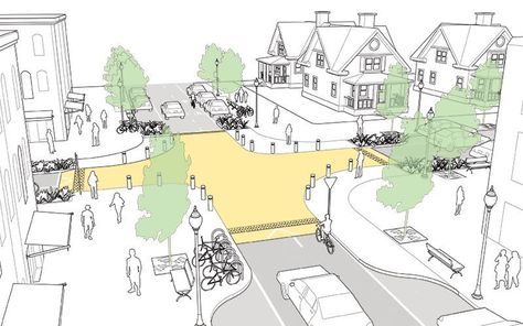 6 Intersection Designs That Actually Prioritize Pedestrians [ Image: NACTO.org ] Urban Ideas, Streetscape Design, Urban Design Diagram, Walkable City, Urban Analysis, Urban Design Graphics, New Urbanism, Plans Architecture, Urban Furniture