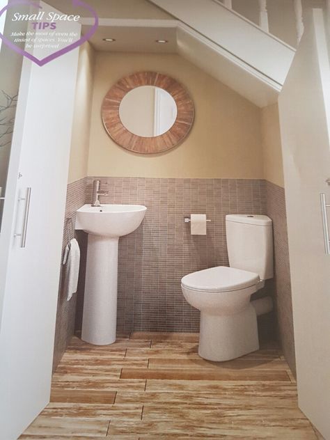 Downstairs under stairs toilet idea. I like how the doors open and it has a corner toilet #toilet #downstairstoilet Commercial Bathroom Ideas, Understairs Toilet, Small Downstairs Toilet, تحت الدرج, Bathroom Under Stairs, Corner Toilet, Small Toilet Room, Downstairs Toilet, Small Toilet