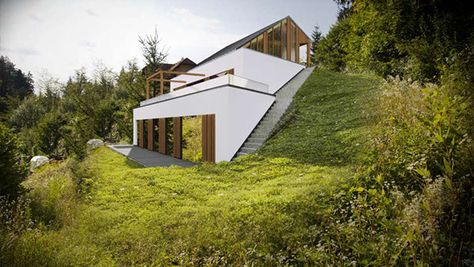 House on a slope on Behance House Steep Slope, Minimalist Hillside House, Mountain Slope House Design, Steep Slope House Design, Steep Hillside House, House Built Into Hill, House On A Slope, House Built Into Hillside, Houses On Slopes