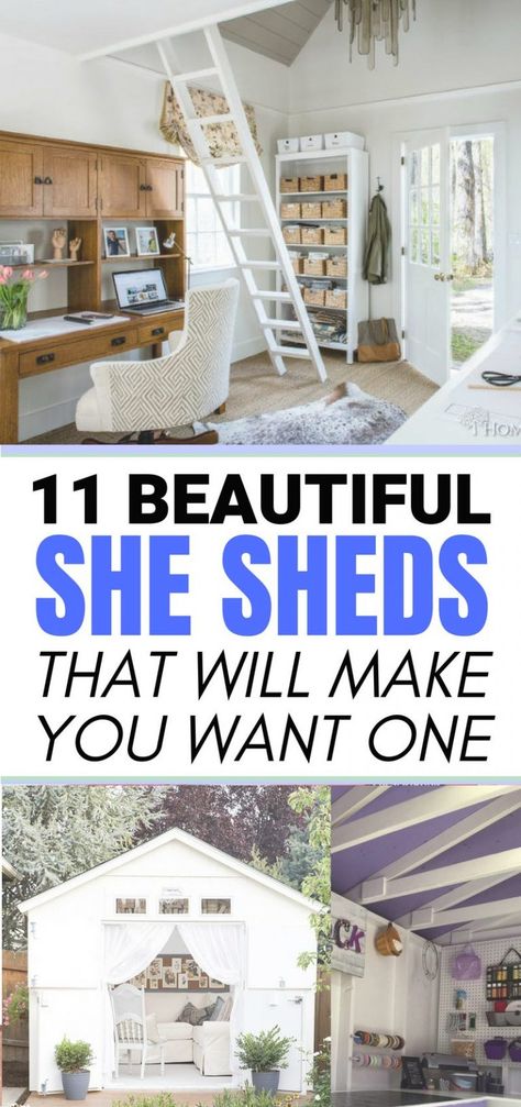 11 She Shed Ideas that will Make You Want One She Shack Ideas Interior, Container She Shed, She Shed Organization Ideas, She Shed Office Ideas, Studio Sheds, Shed Conversion Ideas, She Shed Decorating Ideas, She Shed Craft Room, Shed Inspiration