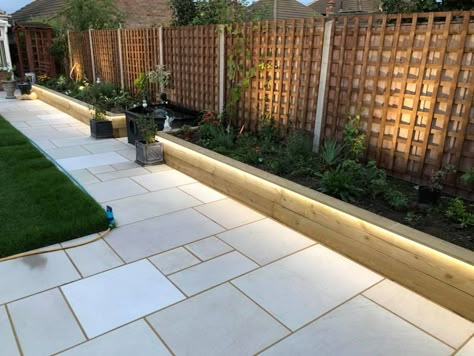 Terrace House Backyard, Paving Small Garden, Garden Design Terrace, Ideas For Square Gardens, Modern Gardens Uk, Long Garden Design Ideas, Patio Borders Ideas, Small Front Garden Ideas Uk New Build, Garden Ideas Decking