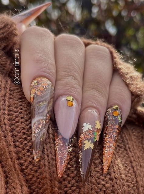 Fall Time Nails, Turkey Nails, Fall Thanksgiving Nails, Encapsulated Nails, Thanksgiving Nail Designs, Stiletto Nails Designs, Fall Acrylic Nails, Nail Idea, Thanksgiving Nails