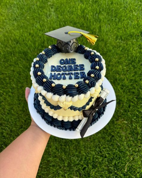 One degree hotter 🔥 Shown is a 6” chocolate cake with chocolate ganache filling 🍫 #idahofalls #idahofallscakes #vintagecake #graduationcake #buttercreamcake #lambethcake One Degree Hotter Cake, Degree Cake, One Degree Hotter, Mini Pastelitos, Chocolate Cake With Chocolate Ganache, Law School Graduation Party, Cake With Chocolate Ganache, Grad Cake, Ganache Filling