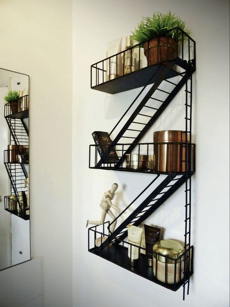 (modern kitchen design, modern bedroom design, fire escape aesthetic, fire escape decor, city aesthetic, new york aesthetic, New York City) Fire Escape Shelf, Shelves Design Ideas, Hanging Wall Shelves, Shelves Design, Room 2023, Unique Shelves, Wall Shelves Design, Fire Escape, My Bathroom