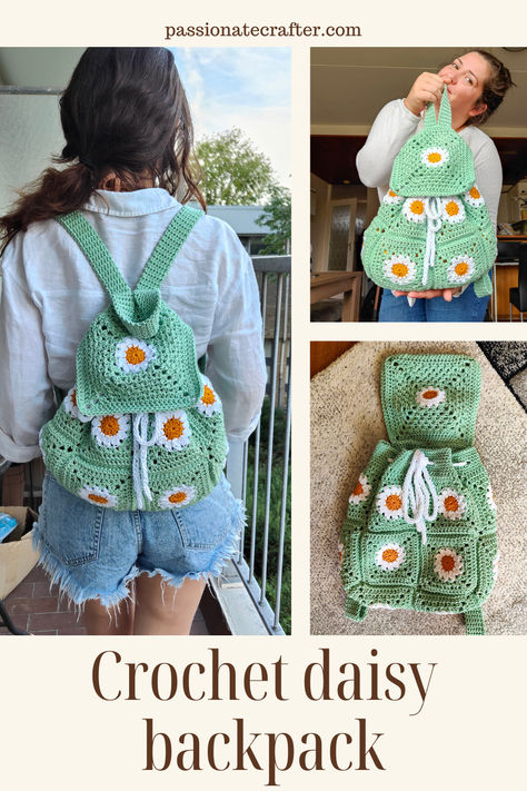 Crochet daisy backpack is a must have for this summer and as a back-to-school gift for loved ones. Made out of 15 crochet daisy granny squares. The daisy backpack pattern PDF file contains 9 pages with lots of step-by-step photo tutorials to guide you throughout the pattern. Granny Square Backpack Free Pattern, Daisy Bag Crochet, Daisy Backpack, Crochet Daisy Bag, Daisy Bags, Square Backpack, Crochet Backpack, Backpack Free, Crochet Daisy