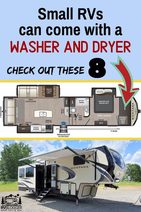 Finding a washer and dryer combo in a small RV isn’t easy but this article shows you the 8 best trailers, campers and RVs with a washer and dryer that fit in some small spaces. Having an washer dryer in an RV is one of the best full time RV living hacks. Check out this article to learn more! #rvblogger #smallrvs #traveltrailers #rvwasher #rvglamping #rvtips #rvtypes Full Time Rv Living Hacks, Rv Washer Dryer, Horse Trailer Camper, Best Small Rv, Washer And Dryer Combo, Rv Living Hacks, Portable Washer And Dryer, Camper Flooring, Fifth Wheel Living