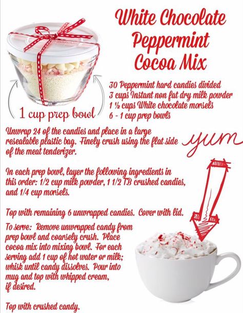 Get your prep bowls to make this adorable gift, at www.pamperedchef.biz/cristinamcgray Pampered Chef Desserts, National Hot Chocolate Day, Chef Images, Peppermint Cocoa, White Chocolate Peppermint, Tupperware Recipes, Pampered Chef Party, Pampered Chef Consultant, Pampered Chef Recipes